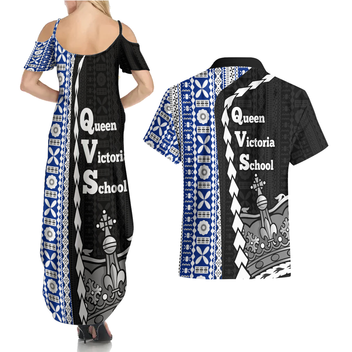 Fiji Queen Victoria School Couples Matching Summer Maxi Dress and Hawaiian Shirt Tapa and Polynesian Tribal Pattern Half Style LT03 - Polynesian Pride