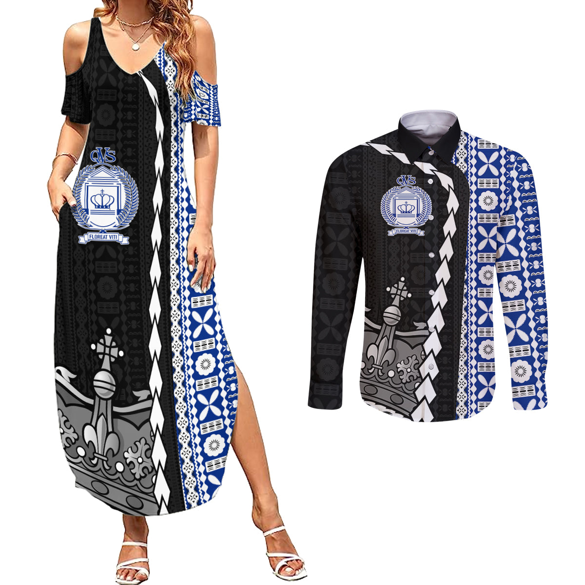 Fiji Queen Victoria School Couples Matching Summer Maxi Dress and Long Sleeve Button Shirt Tapa and Polynesian Tribal Pattern Half Style LT03 Black - Polynesian Pride