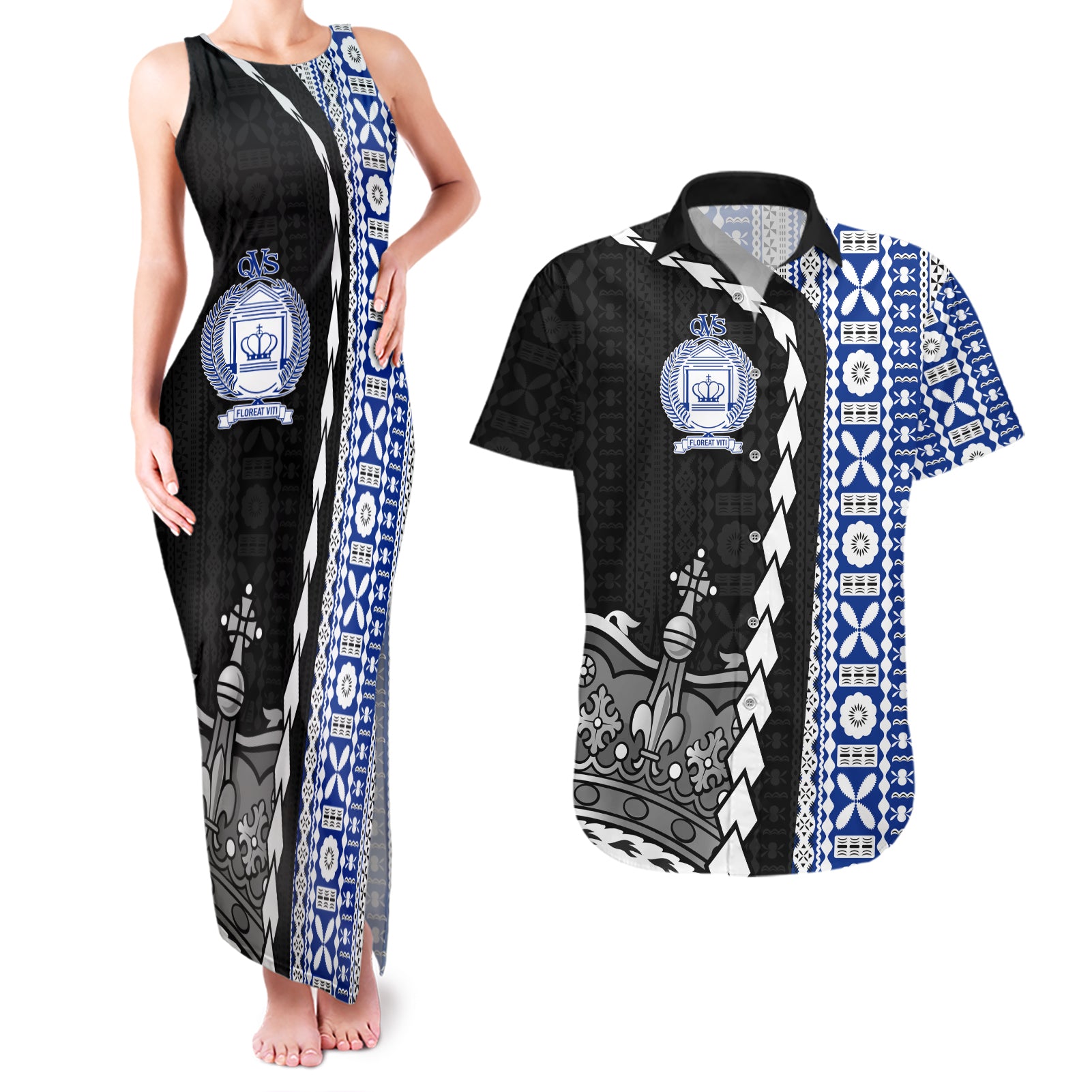 Fiji Queen Victoria School Couples Matching Tank Maxi Dress and Hawaiian Shirt Tapa and Polynesian Tribal Pattern Half Style LT03 Black - Polynesian Pride