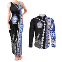 Fiji Queen Victoria School Couples Matching Tank Maxi Dress and Long Sleeve Button Shirt Tapa and Polynesian Tribal Pattern Half Style LT03 Black - Polynesian Pride