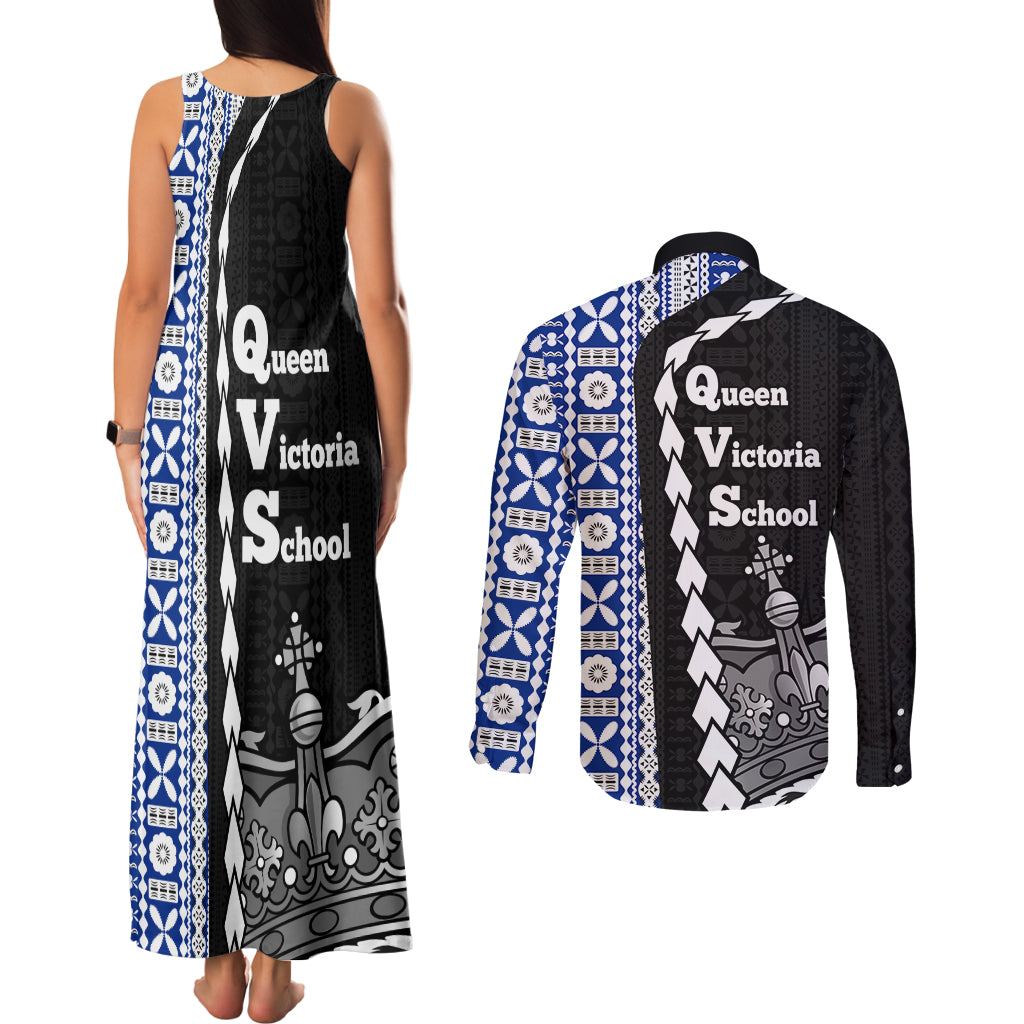 Fiji Queen Victoria School Couples Matching Tank Maxi Dress and Long Sleeve Button Shirt Tapa and Polynesian Tribal Pattern Half Style LT03 - Polynesian Pride