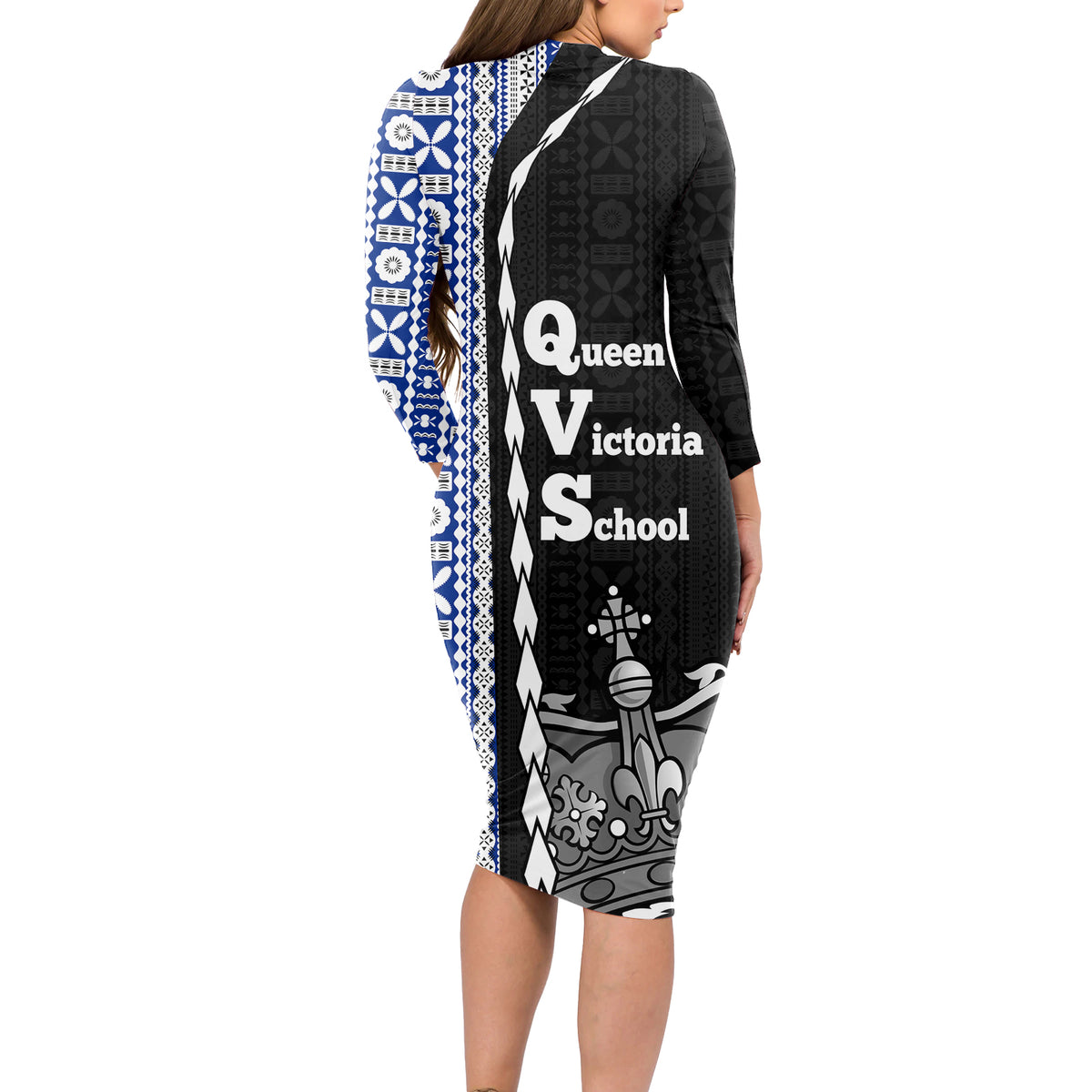 Fiji Queen Victoria School Long Sleeve Bodycon Dress Tapa and Polynesian Tribal Pattern Half Style LT03 - Polynesian Pride