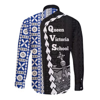 Fiji Queen Victoria School Long Sleeve Button Shirt Tapa and Polynesian Tribal Pattern Half Style LT03 - Polynesian Pride