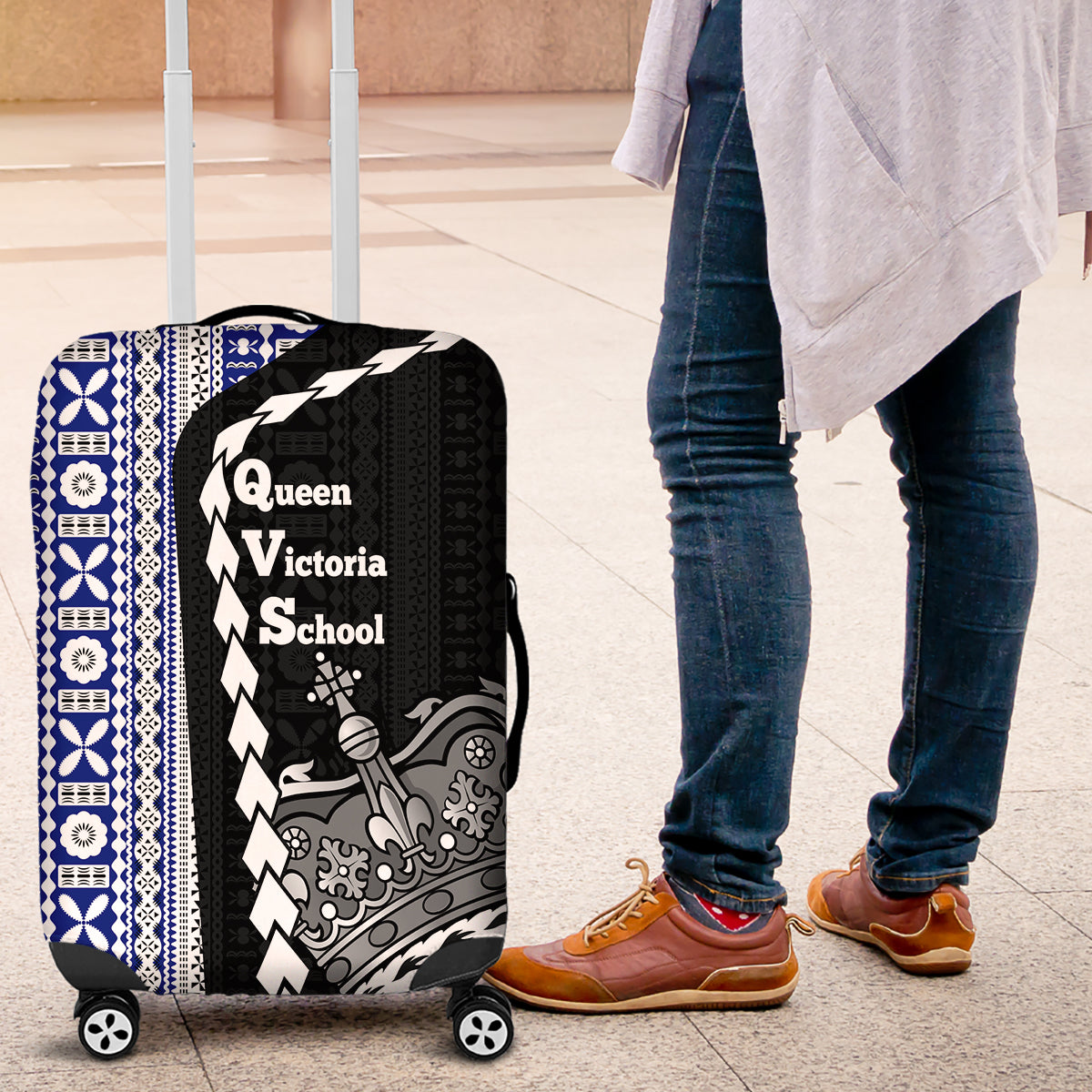 Fiji Queen Victoria School Luggage Cover Tapa and Polynesian Tribal Pattern Half Style LT03 Black - Polynesian Pride