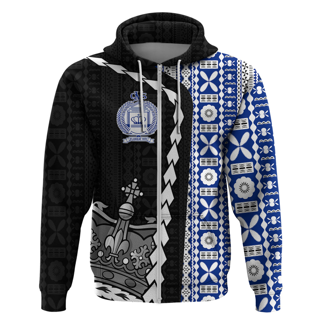 Fiji Queen Victoria School Zip Hoodie Tapa and Polynesian Tribal Pattern Half Style LT03 Zip Hoodie Black - Polynesian Pride