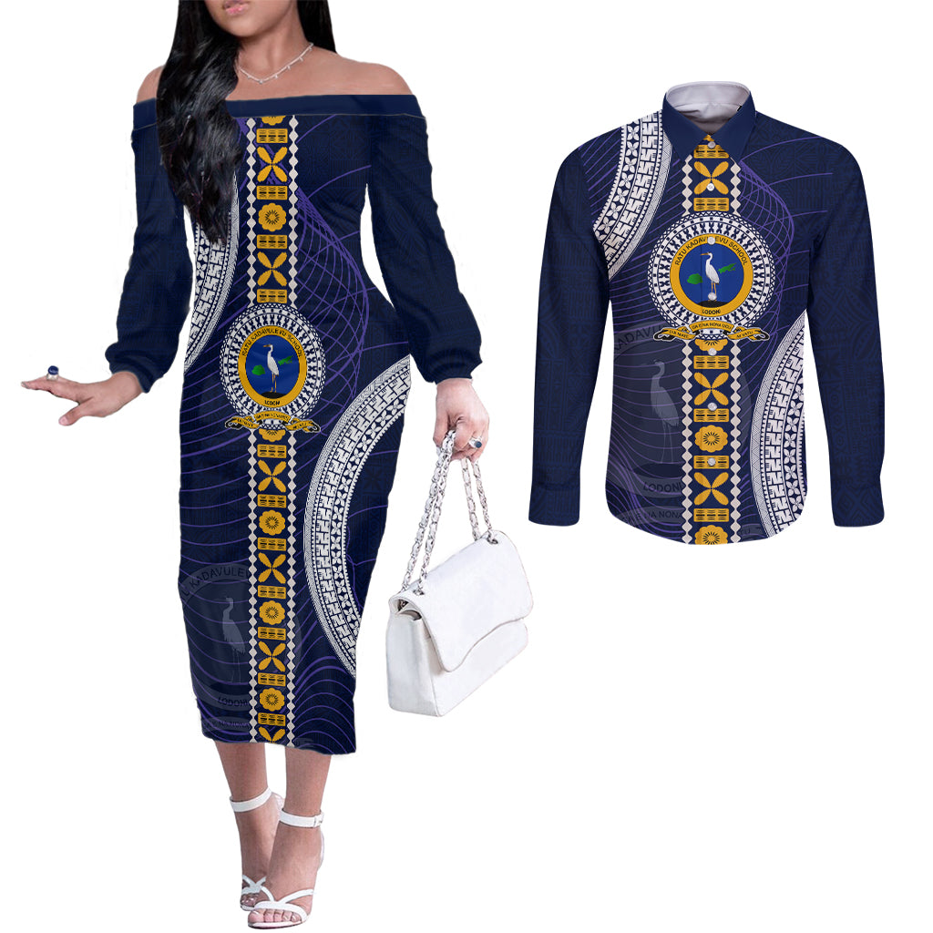 Fiji Ratu Kadavulevu School Couples Matching Off The Shoulder Long Sleeve Dress and Long Sleeve Button Shirt Tapa and Polynesian Tribal Pattern LT03 Blue - Polynesian Pride