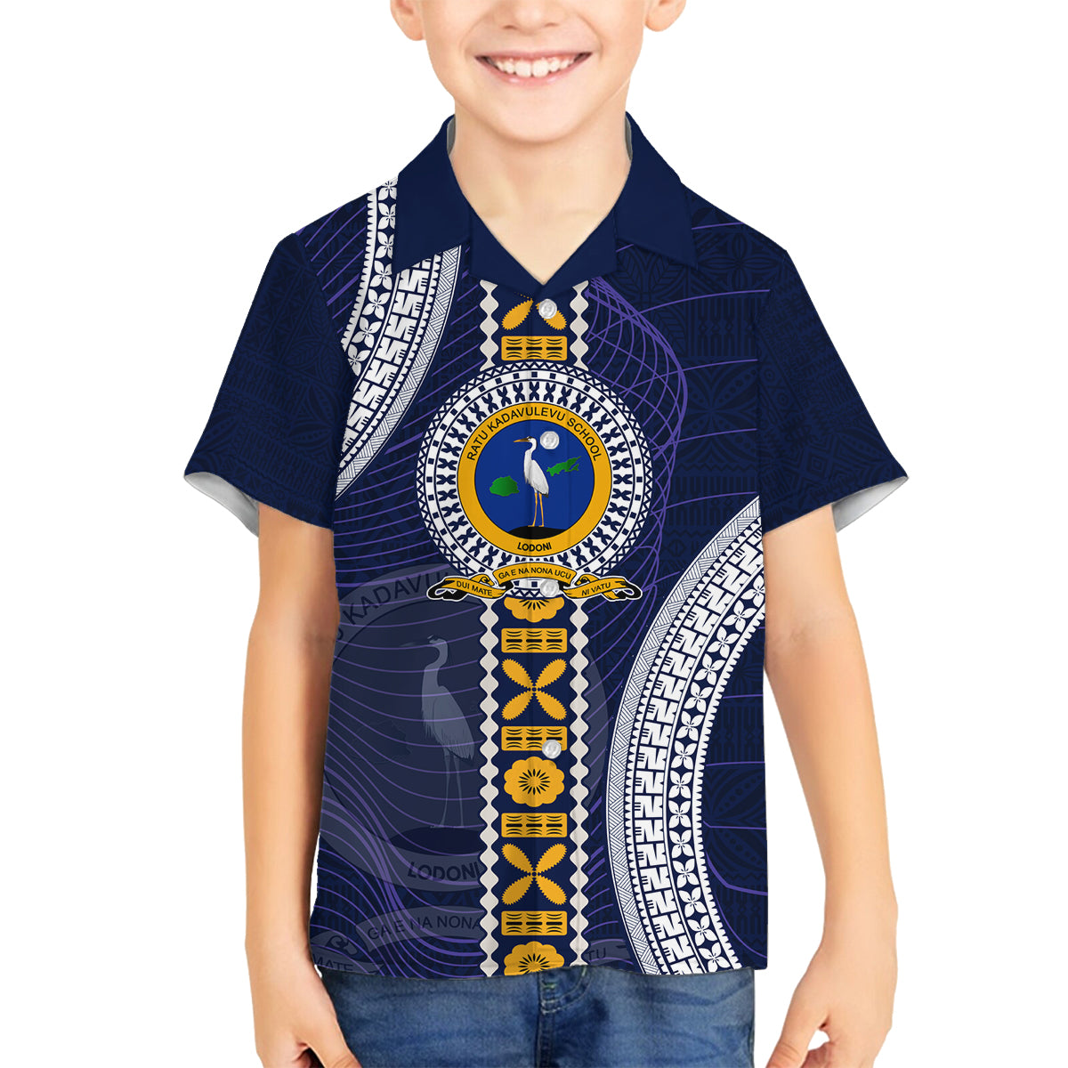 Fiji Ratu Kadavulevu School Family Matching Tank Maxi Dress and Hawaiian Shirt Tapa and Polynesian Tribal Pattern LT03 Son's Shirt Blue - Polynesian Pride