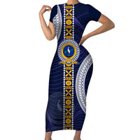 Fiji Ratu Kadavulevu School Short Sleeve Bodycon Dress Tapa and Polynesian Tribal Pattern LT03 Long Dress Blue - Polynesian Pride