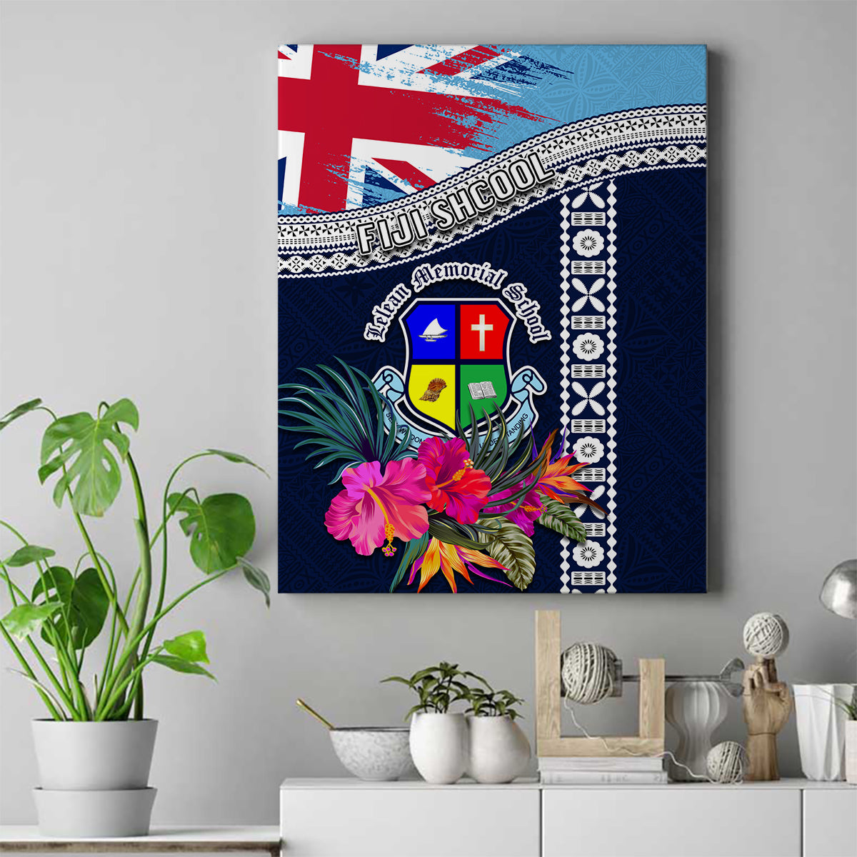 Fiji Lelean Memorial School Canvas Wall Art Tapa and Polynesian Tribal Pattern LT03 Blue - Polynesian Pride