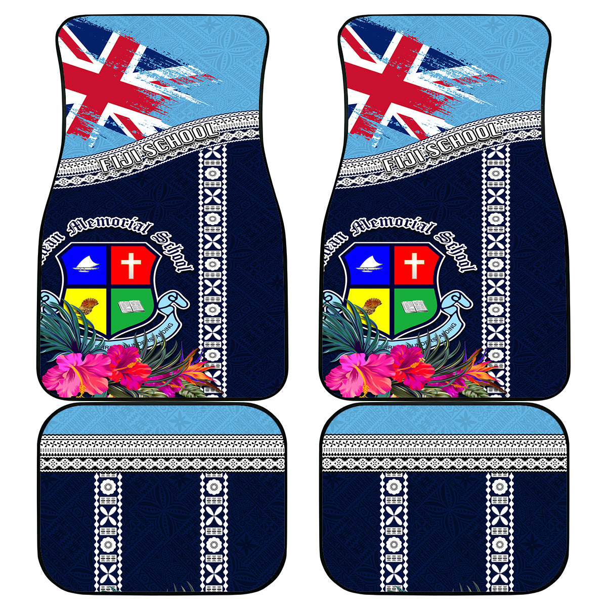 Fiji Lelean Memorial School Car Mats Tapa and Polynesian Tribal Pattern LT03 Blue - Polynesian Pride