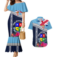 Fiji Lelean Memorial School Couples Matching Mermaid Dress and Hawaiian Shirt Tapa and Polynesian Tribal Pattern LT03 Blue - Polynesian Pride