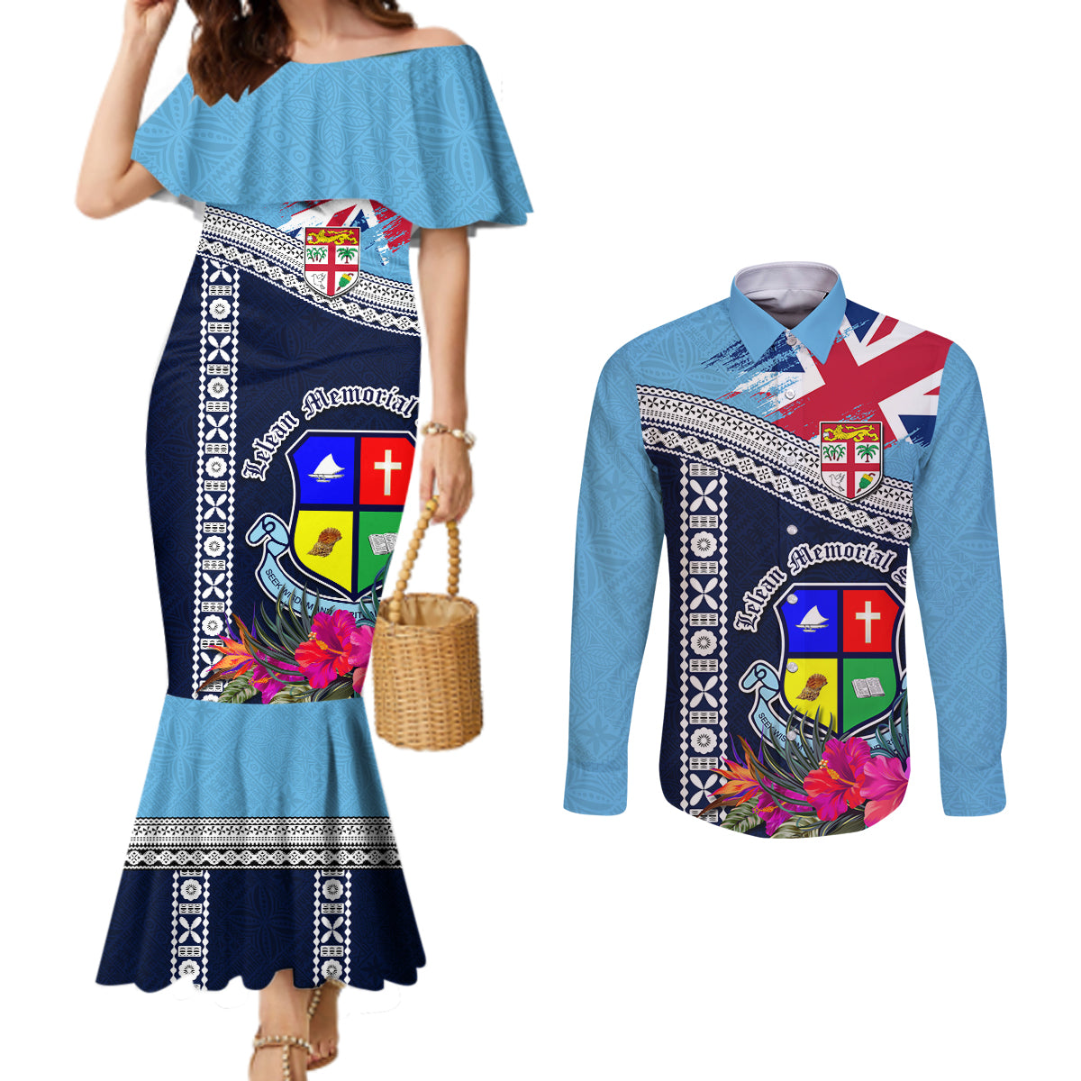 Fiji Lelean Memorial School Couples Matching Mermaid Dress and Long Sleeve Button Shirt Tapa and Polynesian Tribal Pattern LT03 Blue - Polynesian Pride
