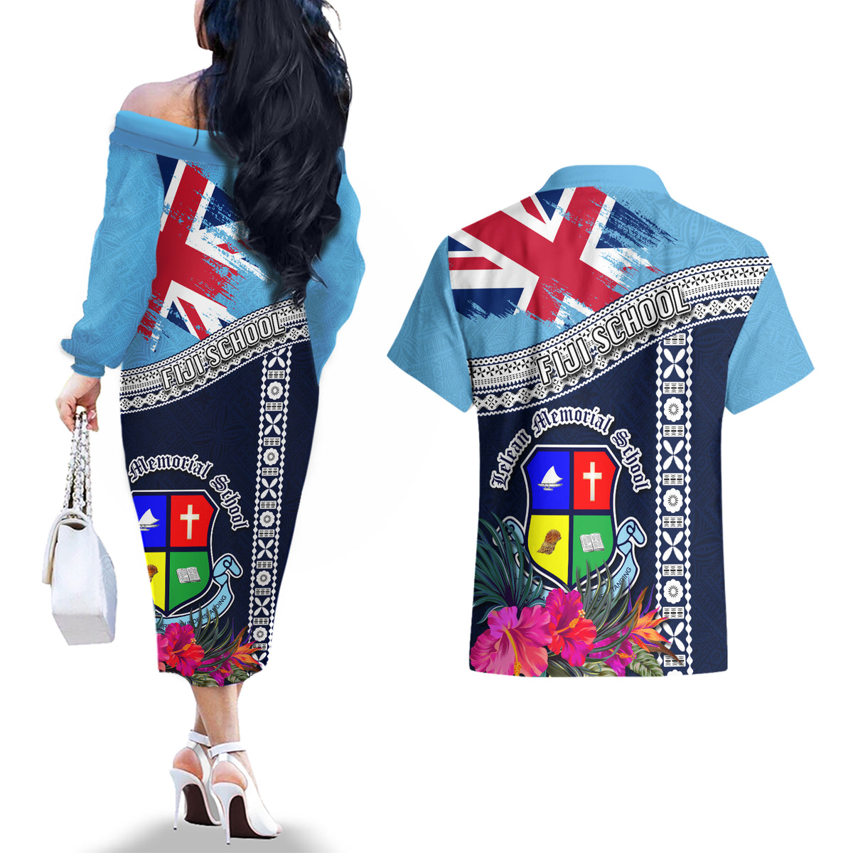Fiji Lelean Memorial School Couples Matching Off The Shoulder Long Sleeve Dress and Hawaiian Shirt Tapa and Polynesian Tribal Pattern LT03 - Polynesian Pride
