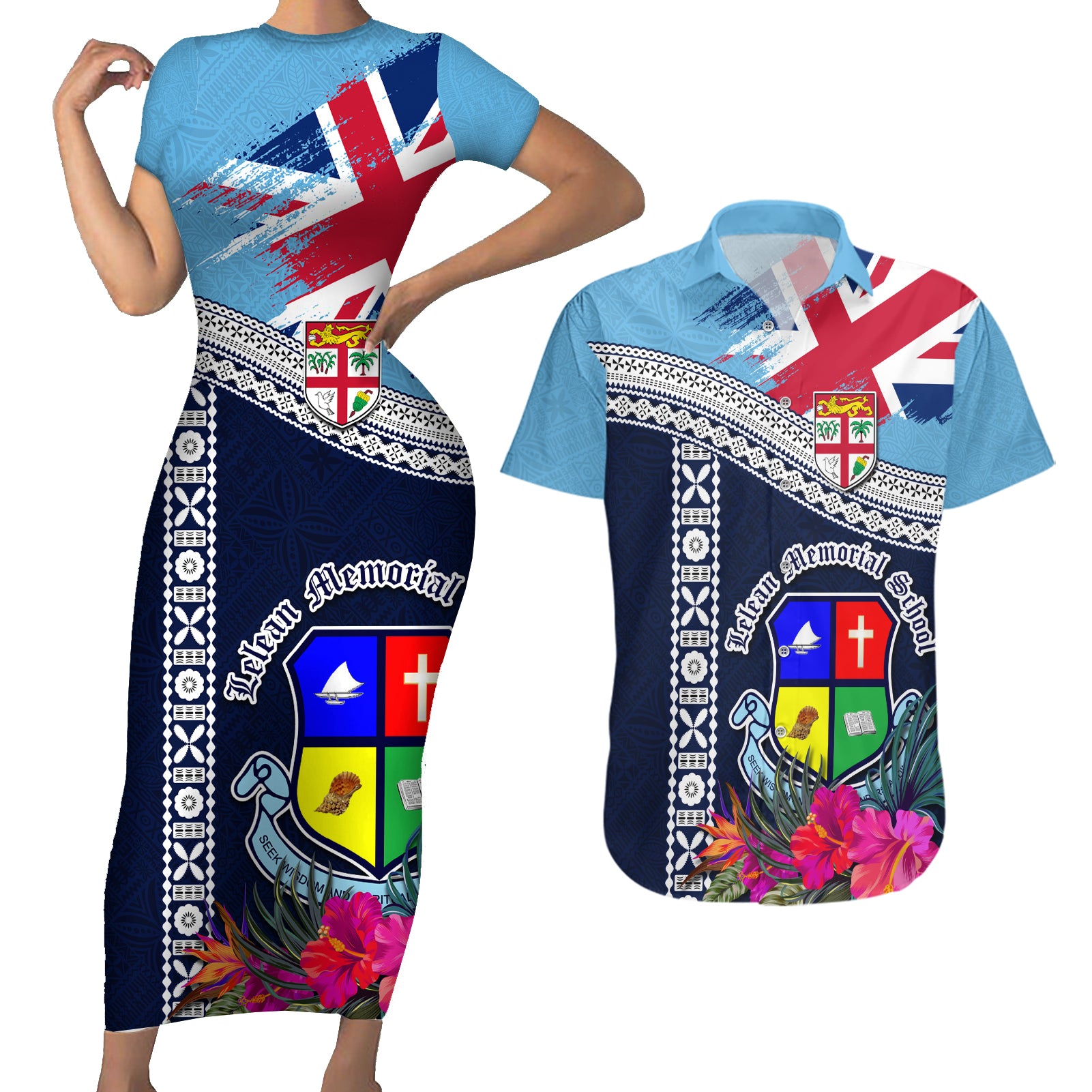 Fiji Lelean Memorial School Couples Matching Short Sleeve Bodycon Dress and Hawaiian Shirt Tapa and Polynesian Tribal Pattern LT03 Blue - Polynesian Pride