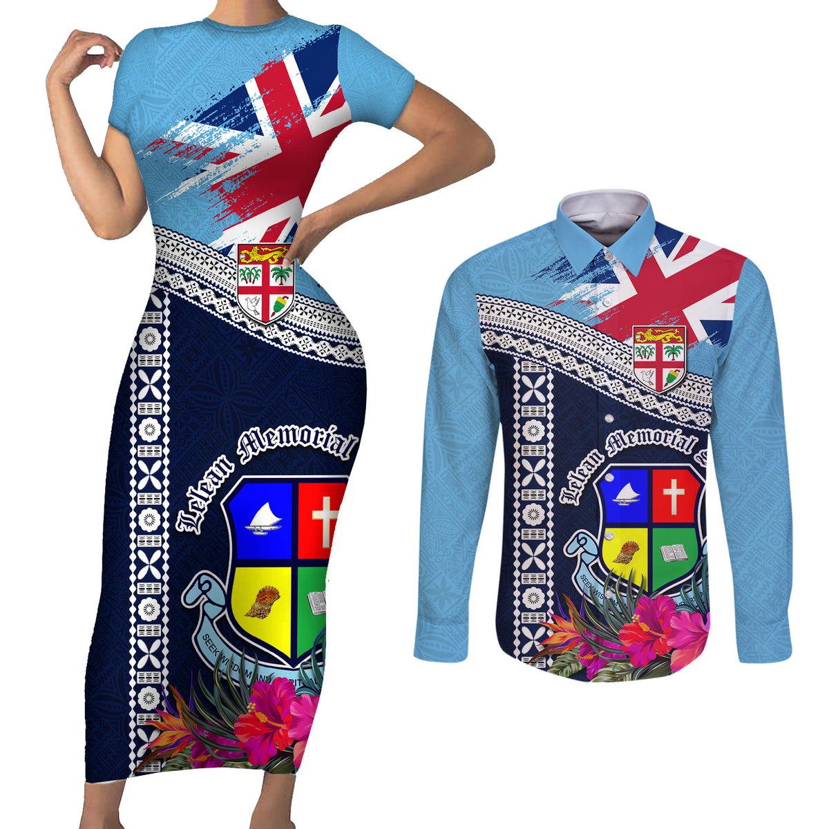 Fiji Lelean Memorial School Couples Matching Short Sleeve Bodycon Dress and Long Sleeve Button Shirt Tapa and Polynesian Tribal Pattern LT03 Blue - Polynesian Pride