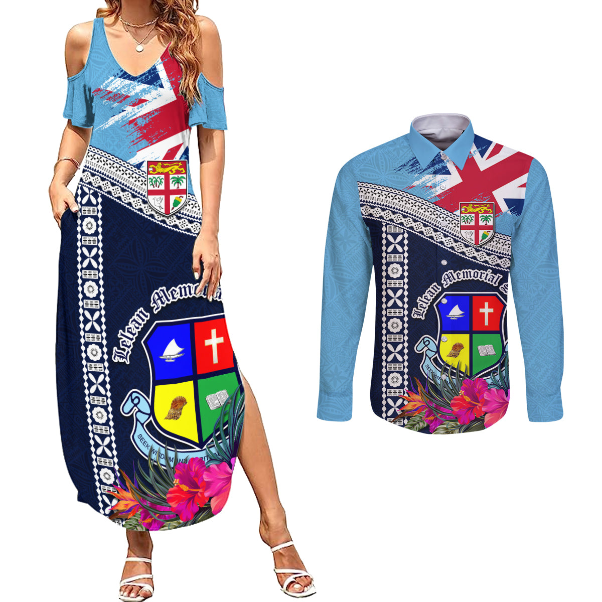 Fiji Lelean Memorial School Couples Matching Summer Maxi Dress and Long Sleeve Button Shirt Tapa and Polynesian Tribal Pattern LT03 Blue - Polynesian Pride