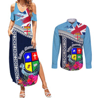 Fiji Lelean Memorial School Couples Matching Summer Maxi Dress and Long Sleeve Button Shirt Tapa and Polynesian Tribal Pattern LT03 Blue - Polynesian Pride
