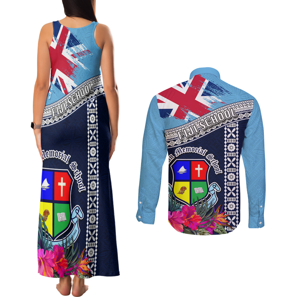 Fiji Lelean Memorial School Couples Matching Tank Maxi Dress and Long Sleeve Button Shirt Tapa and Polynesian Tribal Pattern LT03 - Polynesian Pride