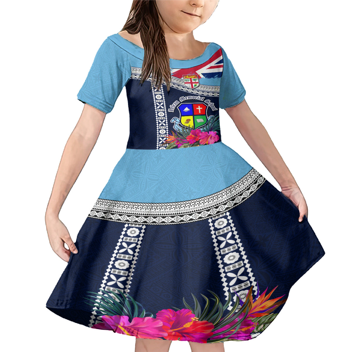 Fiji Lelean Memorial School Family Matching Mermaid Dress and Hawaiian Shirt Tapa and Polynesian Tribal Pattern LT03 Daughter's Dress Blue - Polynesian Pride