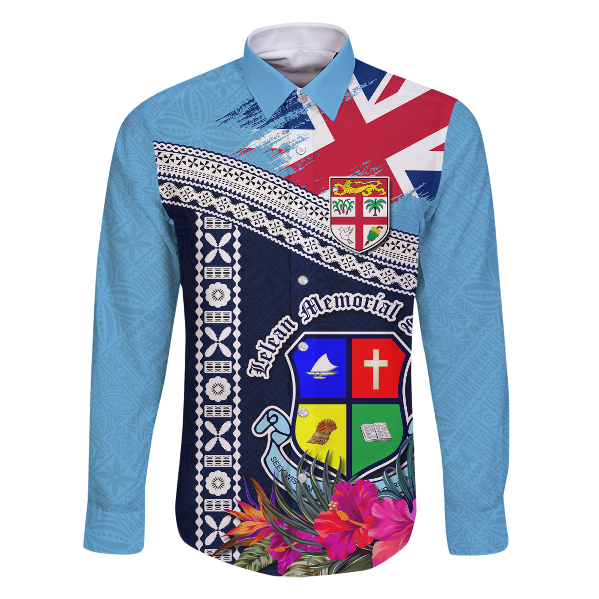 Fiji Lelean Memorial School Family Matching Mermaid Dress and Hawaiian Shirt Tapa and Polynesian Tribal Pattern LT03 Dad's Shirt - Long Sleeve Blue - Polynesian Pride