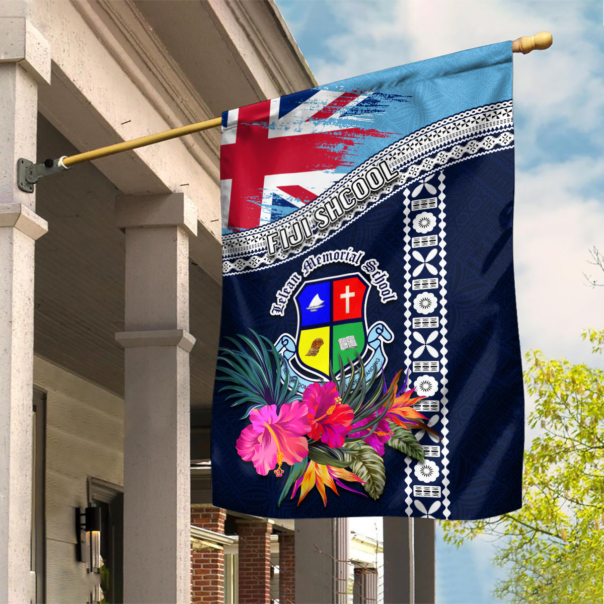 Fiji Lelean Memorial School Garden Flag Tapa and Polynesian Tribal Pattern LT03 House Flag Blue - Polynesian Pride