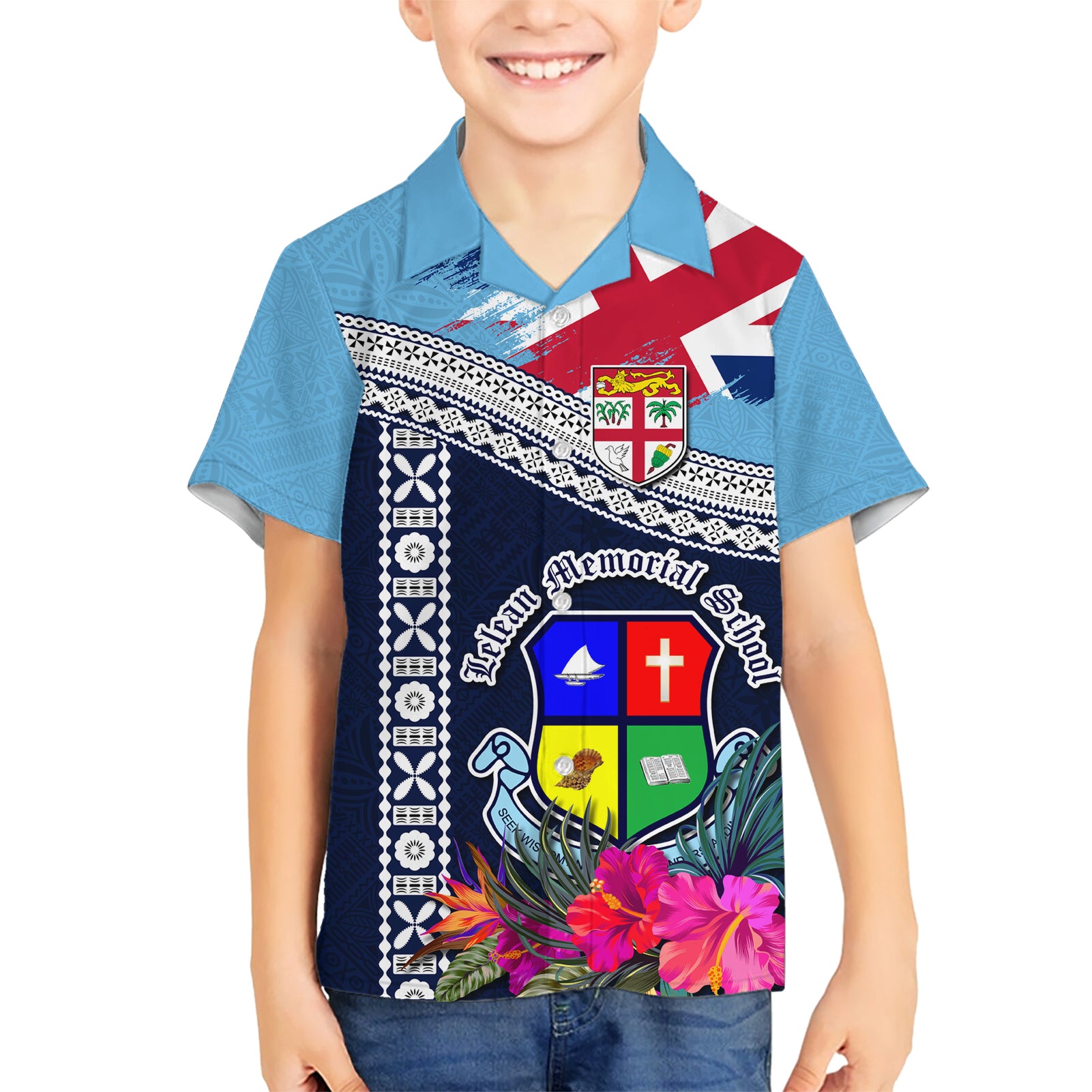 Fiji Lelean Memorial School Kid Hawaiian Shirt Tapa and Polynesian Tribal Pattern LT03 Kid Blue - Polynesian Pride