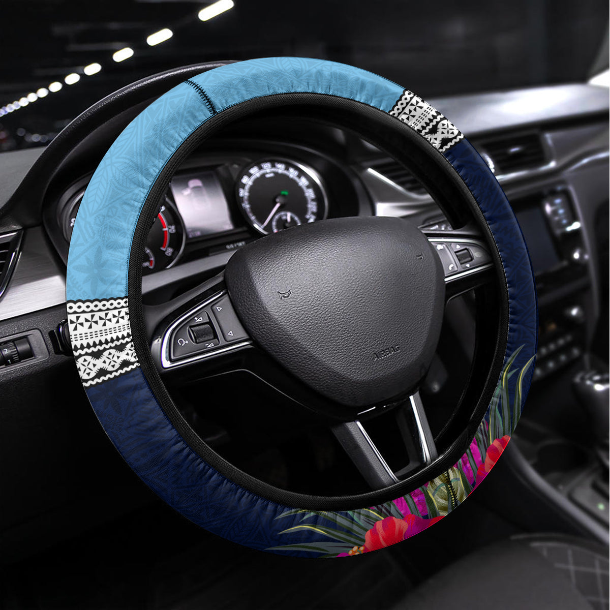 Fiji Lelean Memorial School Steering Wheel Cover Tapa and Polynesian Tribal Pattern LT03 Universal Fit Blue - Polynesian Pride