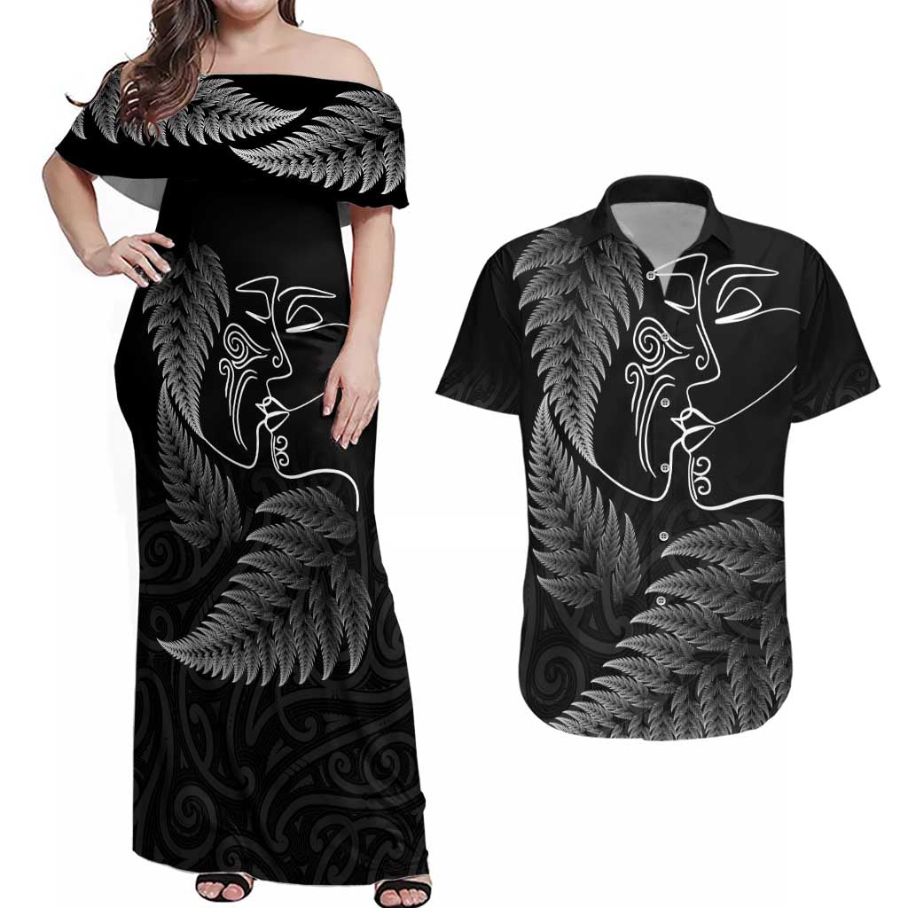 New Zealand Valentine's Day Couples Matching Off Shoulder Maxi Dress and Hawaiian Shirt Silver Fern and Line Art Love Couple LT03 Black - Polynesian Pride