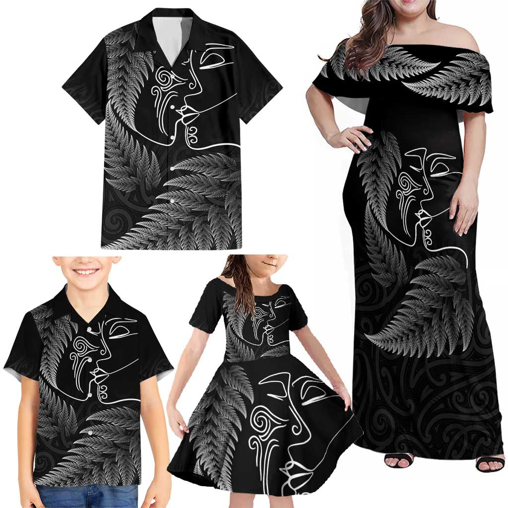New Zealand Valentine's Day Family Matching Off Shoulder Maxi Dress and Hawaiian Shirt Silver Fern and Line Art Love Couple LT03 - Polynesian Pride