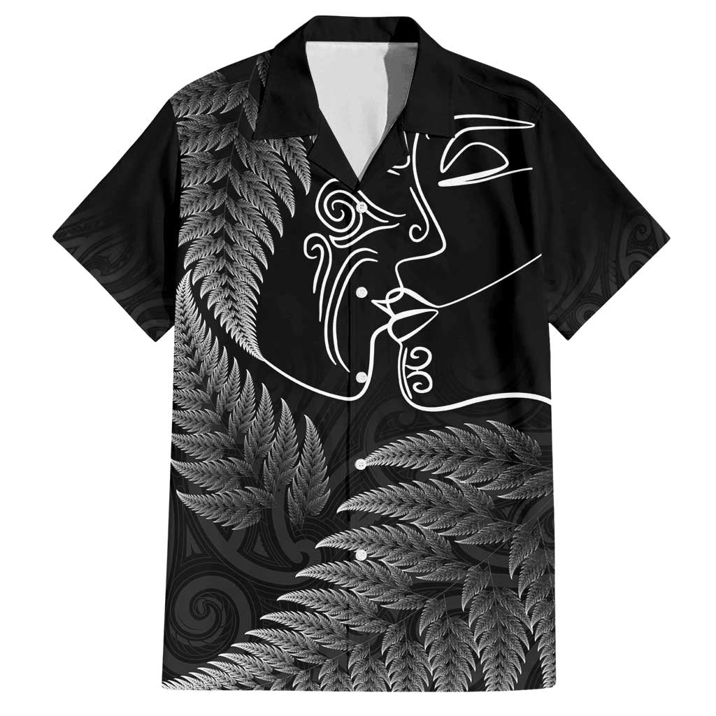 New Zealand Valentine's Day Family Matching Off Shoulder Maxi Dress and Hawaiian Shirt Silver Fern and Line Art Love Couple LT03 Dad's Shirt - Short Sleeve Black - Polynesian Pride