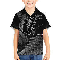 New Zealand Valentine's Day Family Matching Off Shoulder Maxi Dress and Hawaiian Shirt Silver Fern and Line Art Love Couple LT03 Son's Shirt Black - Polynesian Pride