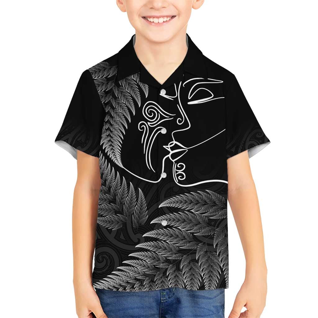 New Zealand Valentine's Day Family Matching Off Shoulder Short Dress and Hawaiian Shirt Silver Fern and Line Art Love Couple LT03 Son's Shirt Black - Polynesian Pride
