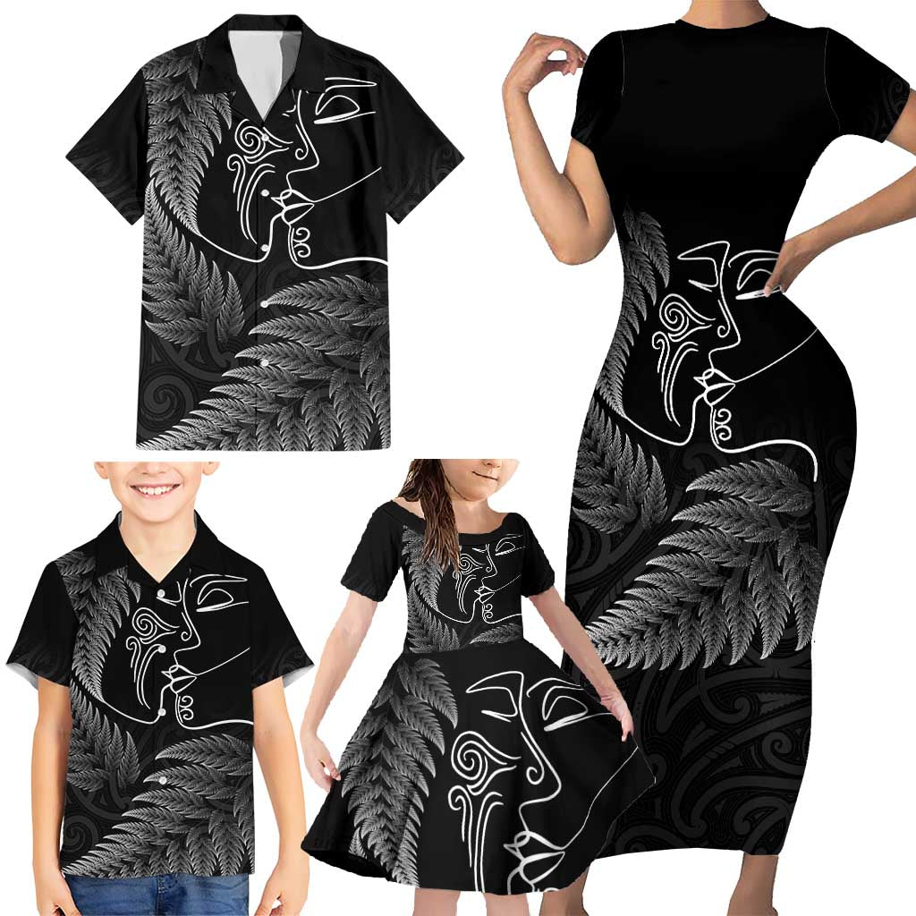 New Zealand Valentine's Day Family Matching Short Sleeve Bodycon Dress and Hawaiian Shirt Silver Fern and Line Art Love Couple LT03 - Polynesian Pride