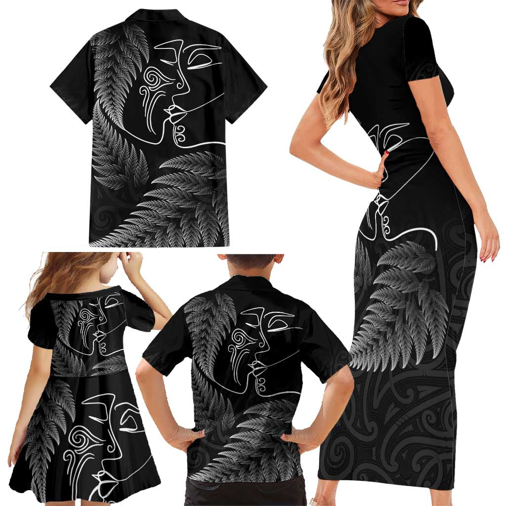 New Zealand Valentine's Day Family Matching Short Sleeve Bodycon Dress and Hawaiian Shirt Silver Fern and Line Art Love Couple LT03 - Polynesian Pride