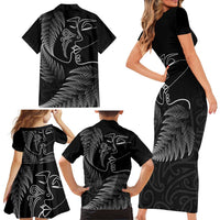 New Zealand Valentine's Day Family Matching Short Sleeve Bodycon Dress and Hawaiian Shirt Silver Fern and Line Art Love Couple LT03 - Polynesian Pride