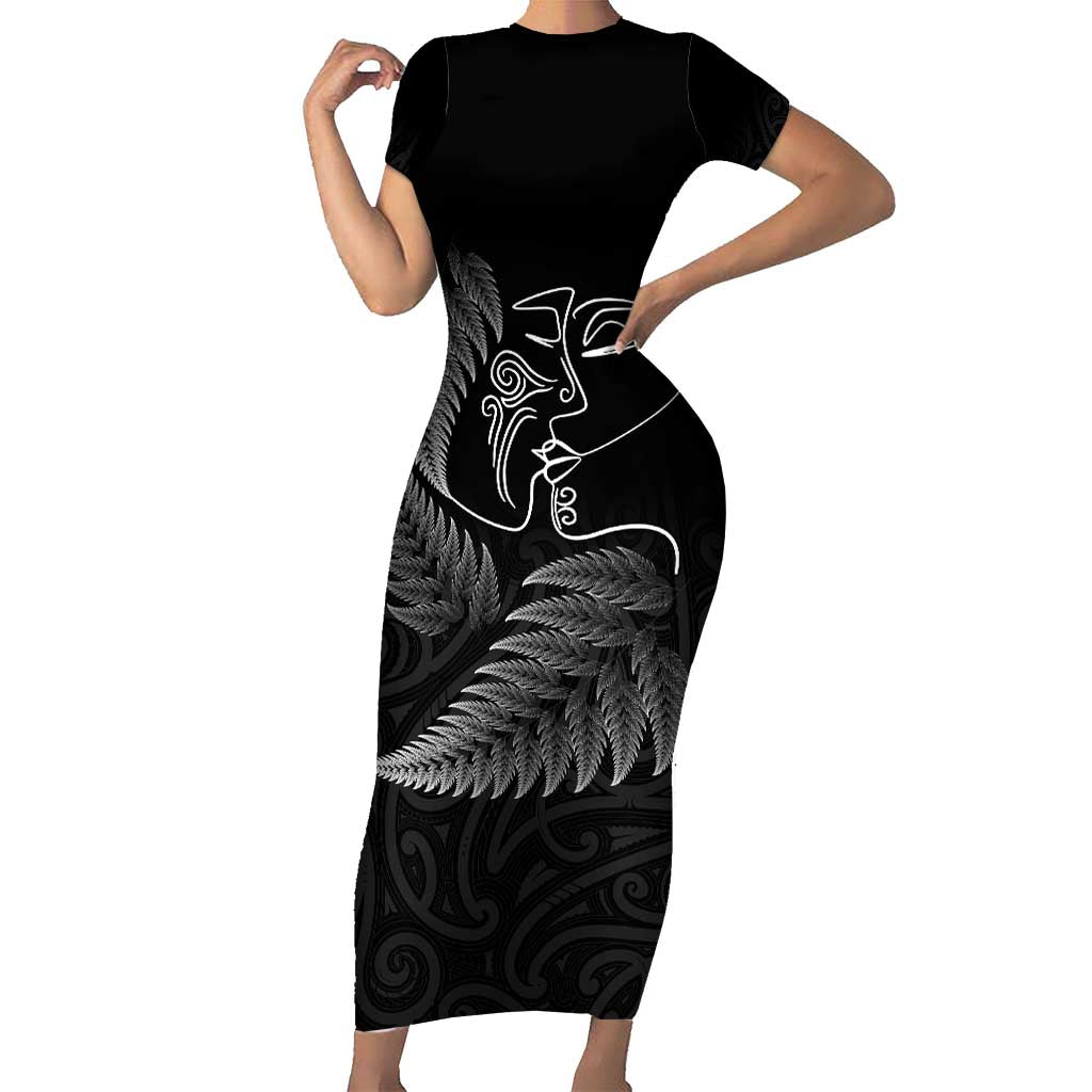 New Zealand Valentine's Day Family Matching Short Sleeve Bodycon Dress and Hawaiian Shirt Silver Fern and Line Art Love Couple LT03 Mom's Dress Black - Polynesian Pride