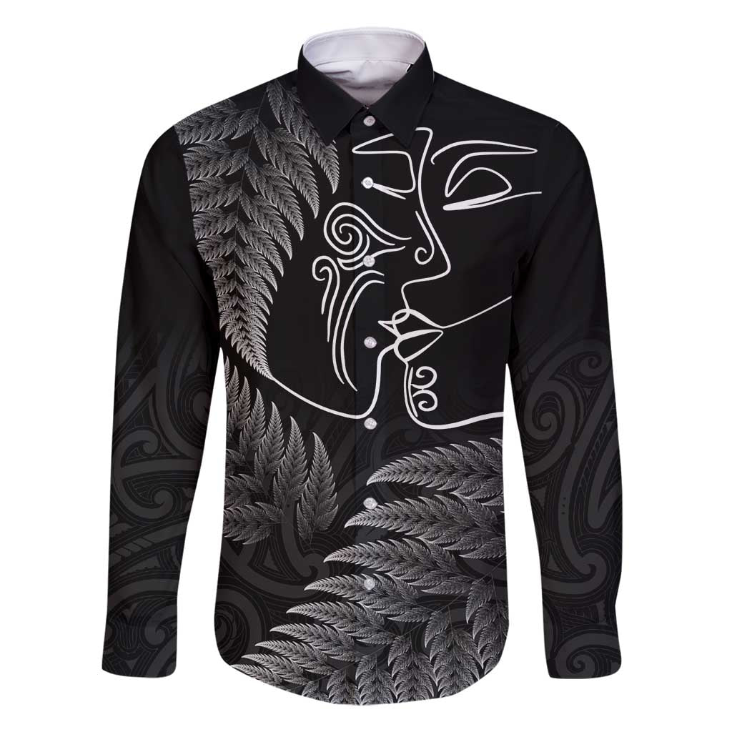 New Zealand Valentine's Day Family Matching Tank Maxi Dress and Hawaiian Shirt Silver Fern and Line Art Love Couple LT03 Dad's Shirt - Long Sleeve Black - Polynesian Pride