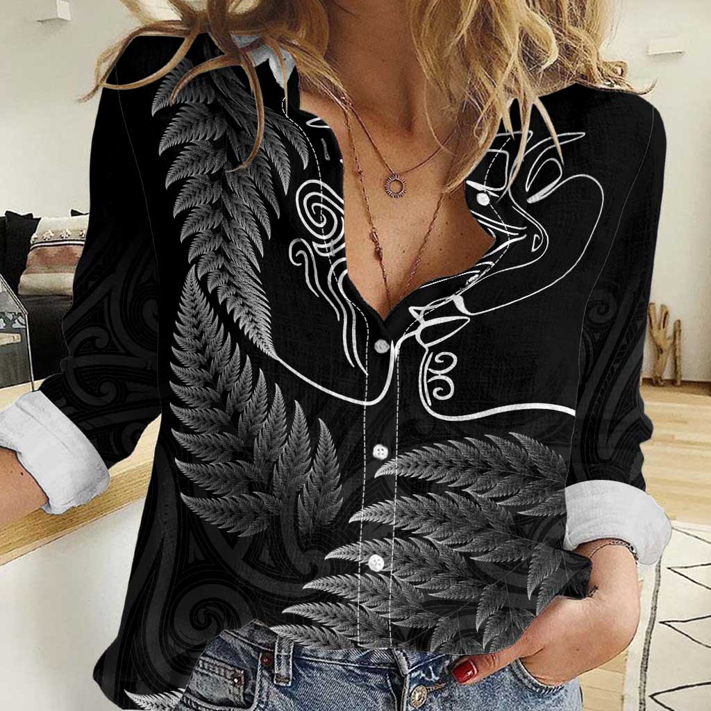 New Zealand Valentine's Day Women Casual Shirt Silver Fern and Line Art Love Couple LT03 Female Black - Polynesian Pride
