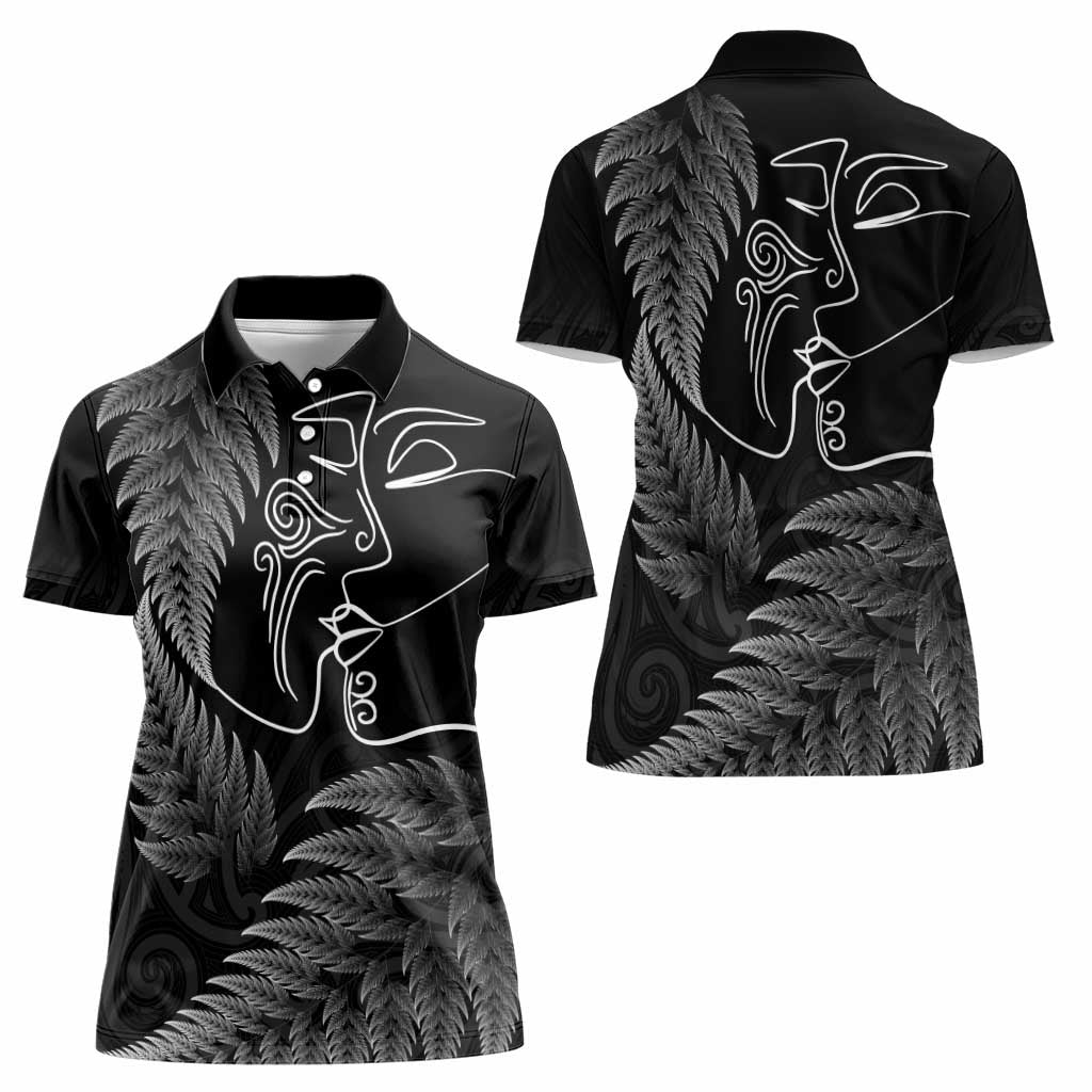 New Zealand Valentine's Day Women Polo Shirt Silver Fern and Line Art Love Couple