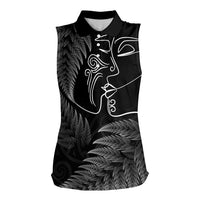 New Zealand Valentine's Day Women Sleeveless Polo Shirt Silver Fern and Line Art Love Couple LT03 Female Black - Polynesian Pride
