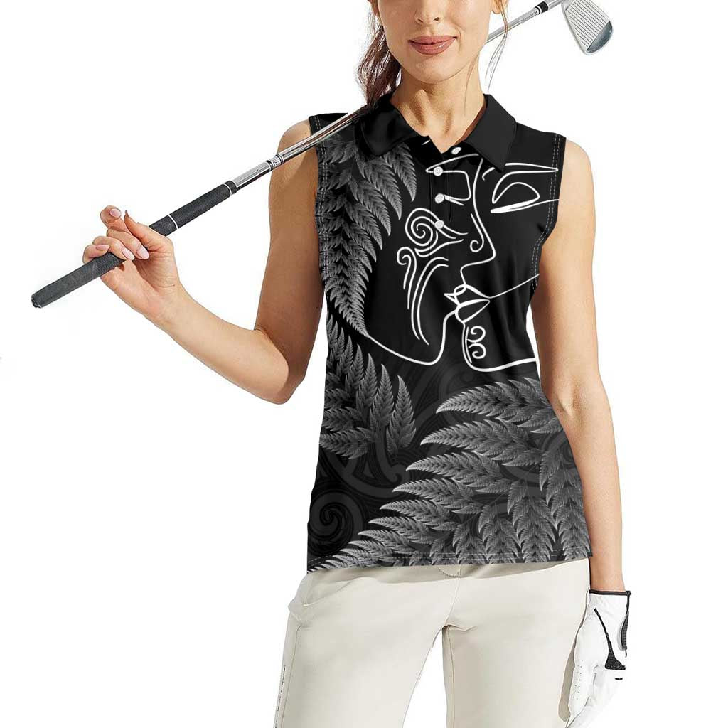 New Zealand Valentine's Day Women Sleeveless Polo Shirt Silver Fern and Line Art Love Couple LT03 - Polynesian Pride