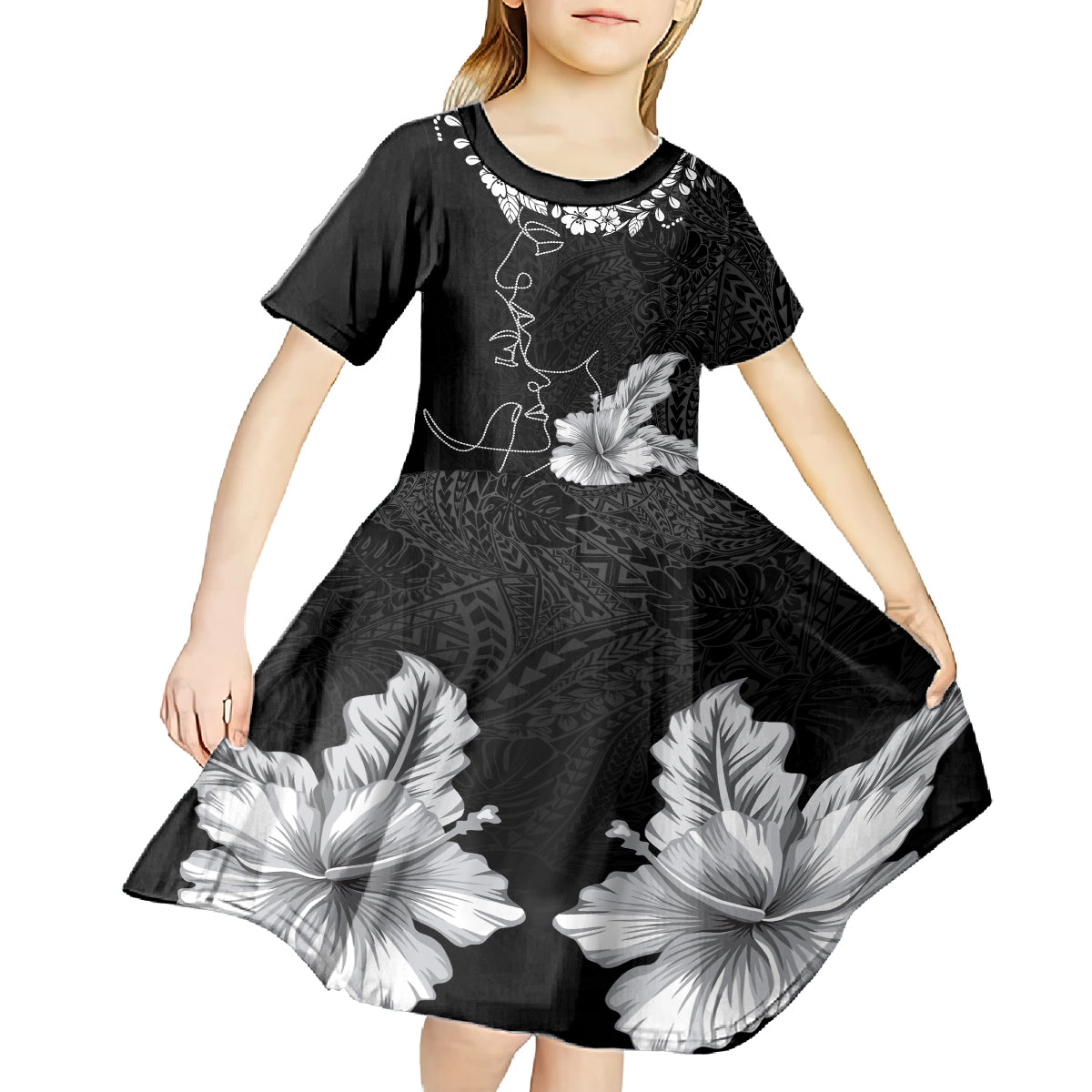 Hawaii Valentine Day Kid Short Sleeve Dress Polynesian Line Art Love Couple Hibiscus Tribal Pattern LT03 - Polynesian Pride