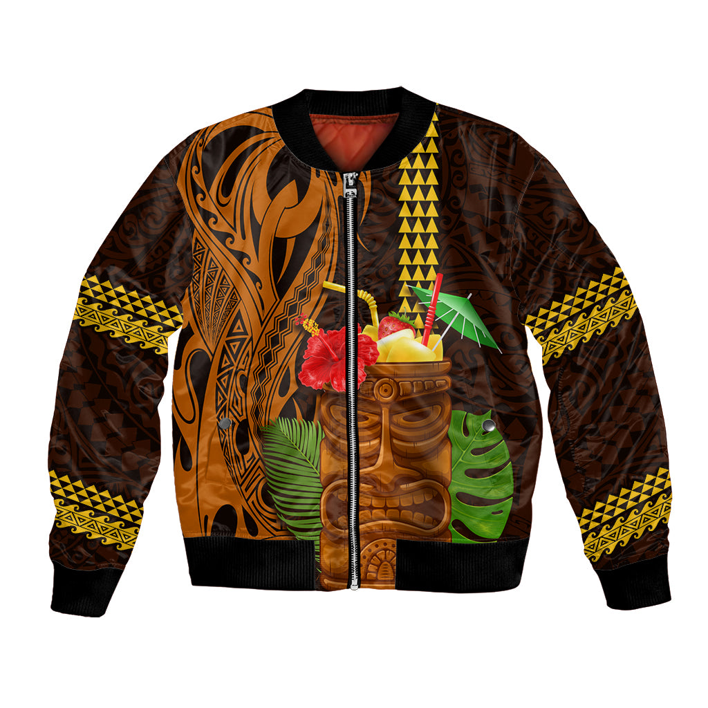 Hawaii Tiki Mask Cocktail Bomber Jacket Kakau Tattoo LT03 Unisex Brown - Polynesian Pride
