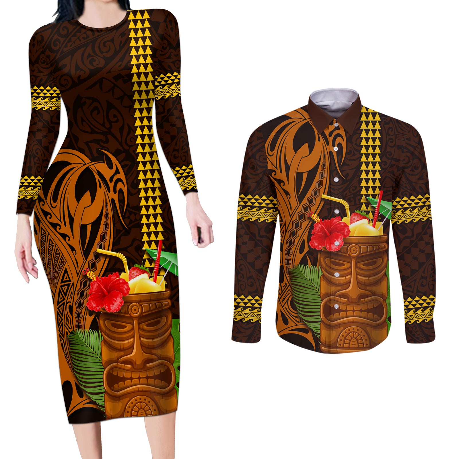 Hawaii Tiki Mask Cocktail Couples Matching Long Sleeve Bodycon Dress and Long Sleeve Button Shirt Kakau Tattoo LT03 Brown - Polynesian Pride