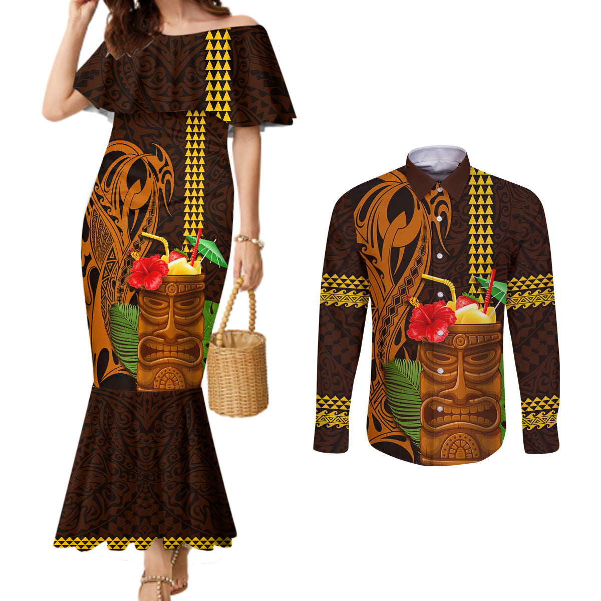 Hawaii Tiki Mask Cocktail Couples Matching Mermaid Dress and Long Sleeve Button Shirt Kakau Tattoo LT03 Brown - Polynesian Pride