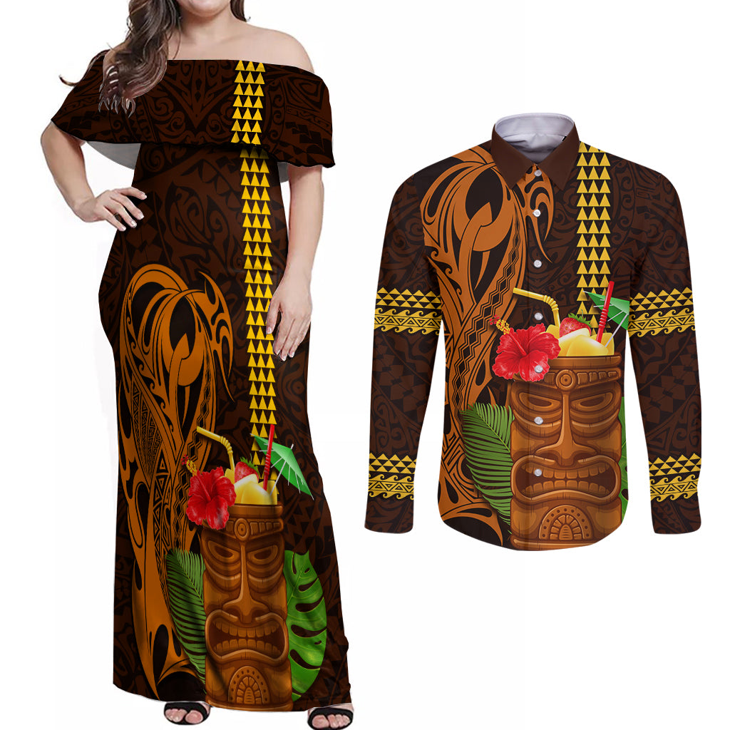 Hawaii Tiki Mask Cocktail Couples Matching Off Shoulder Maxi Dress and Long Sleeve Button Shirt Kakau Tattoo LT03 Brown - Polynesian Pride