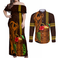 Hawaii Tiki Mask Cocktail Couples Matching Off Shoulder Maxi Dress and Long Sleeve Button Shirt Kakau Tattoo LT03 Brown - Polynesian Pride