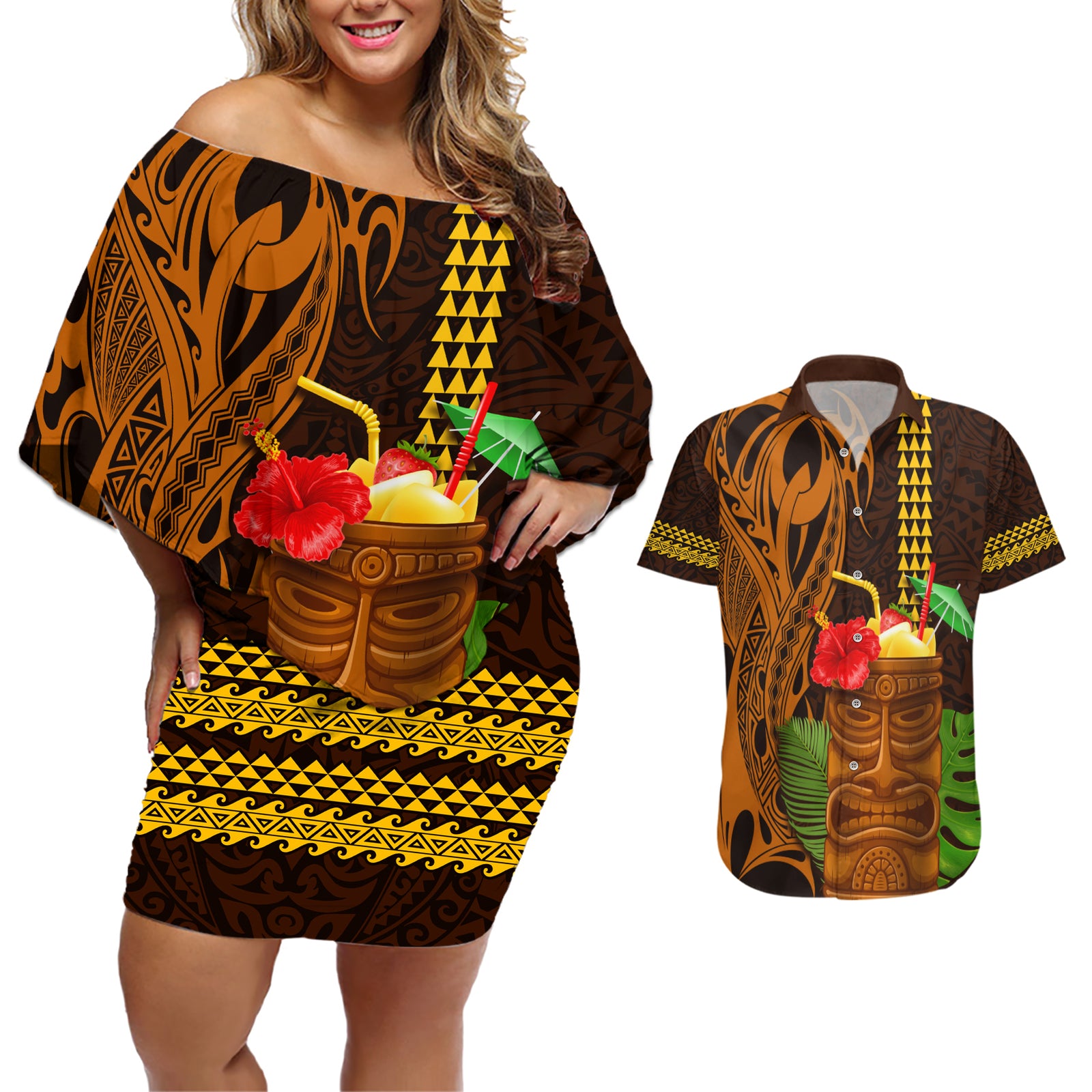 Hawaii Tiki Mask Cocktail Couples Matching Off Shoulder Short Dress and Hawaiian Shirt Kakau Tattoo LT03 Brown - Polynesian Pride