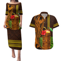 Hawaii Tiki Mask Cocktail Couples Matching Puletasi and Hawaiian Shirt Kakau Tattoo LT03 Brown - Polynesian Pride