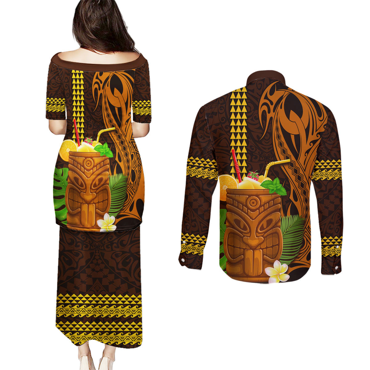Hawaii Tiki Mask Cocktail Couples Matching Puletasi and Long Sleeve Button Shirt Kakau Tattoo LT03 - Polynesian Pride